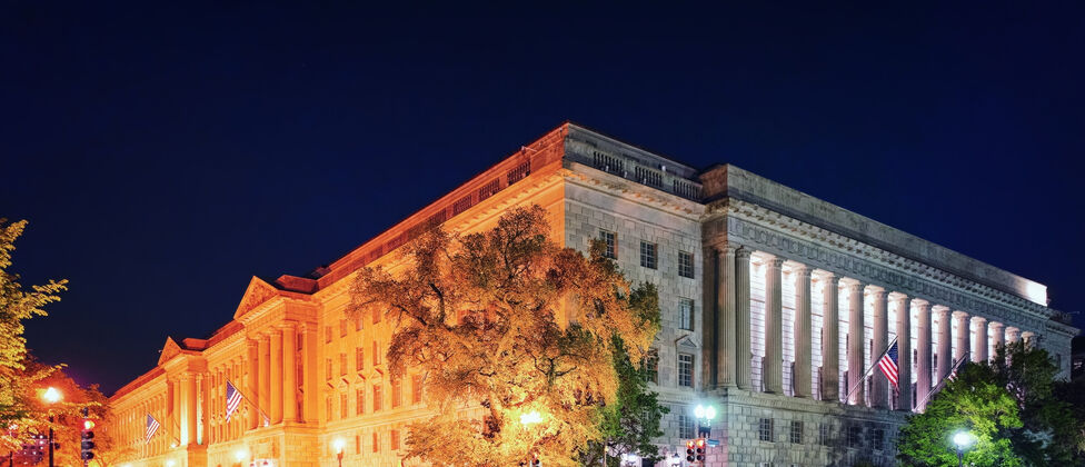 IRS building at night in Washington DC