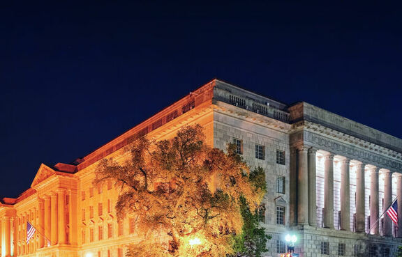 IRS building at night in Washington DC