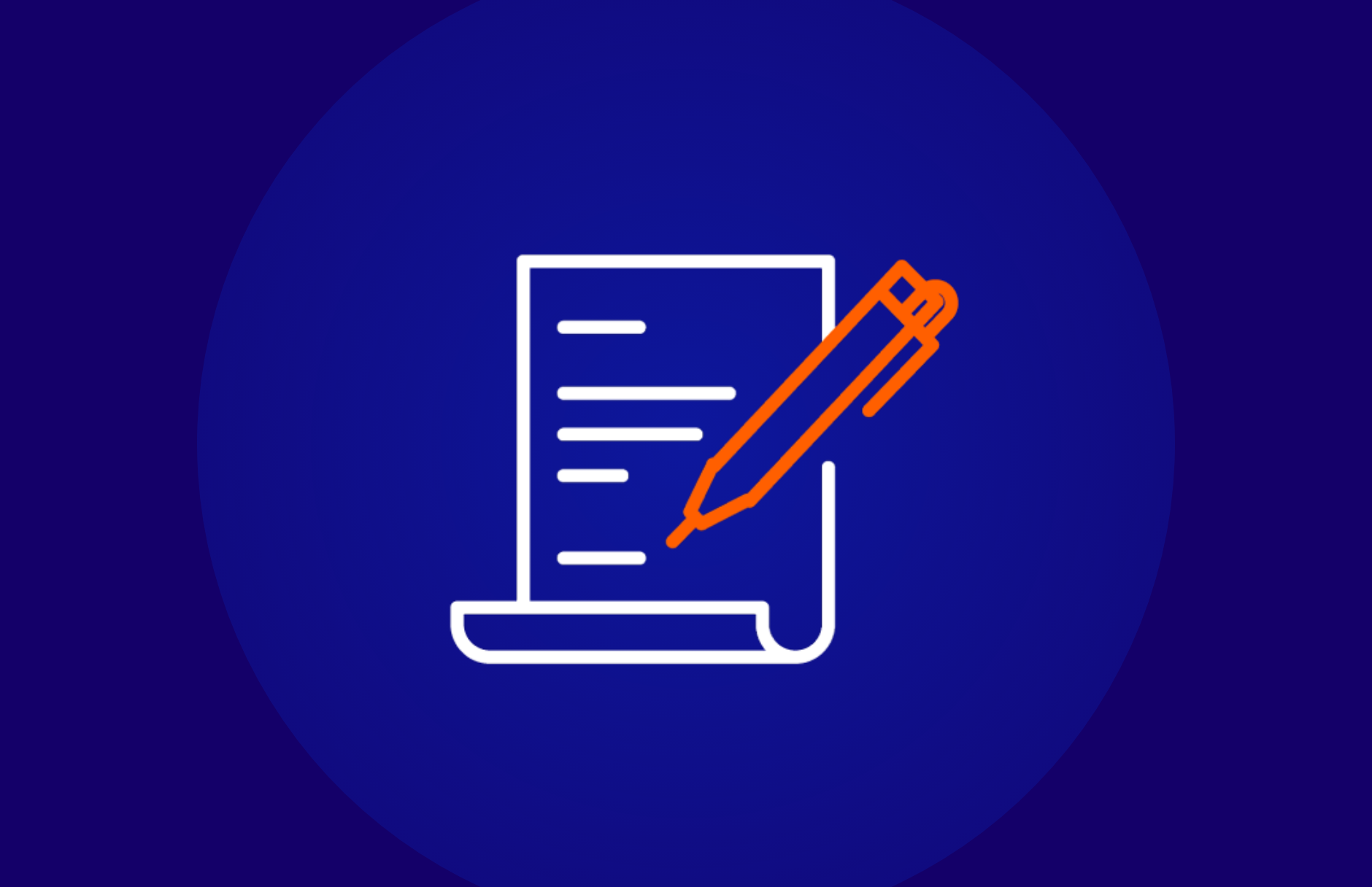 Icon of a long document with pen, symbolising paperwork and legislation