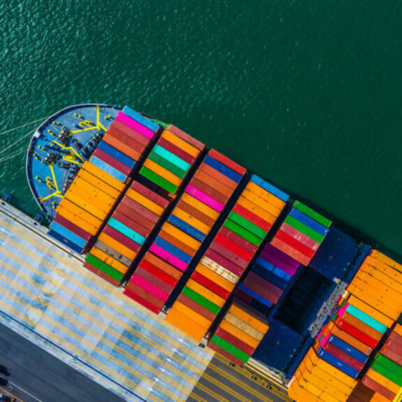Aerial view of shipping containers on on ship
