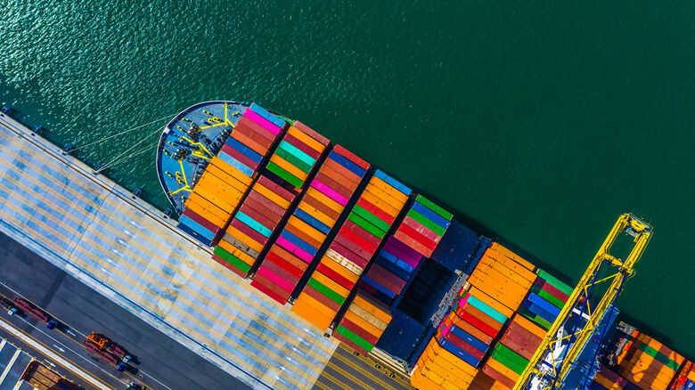 Aerial view of shipping containers on on ship
