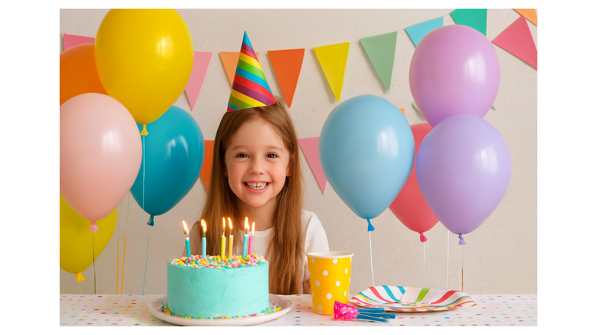 Girl smiling with birthday cake and balloons