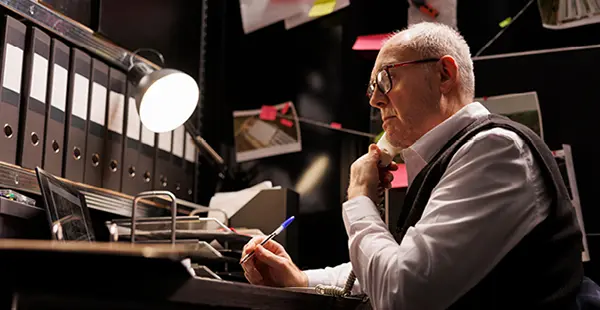 An older man sat at a desk with a pen in his hand, the desk lamp is on and there is a shelf full of lever arch folders. A board behind him shows photos with string connecting them with postit notes
