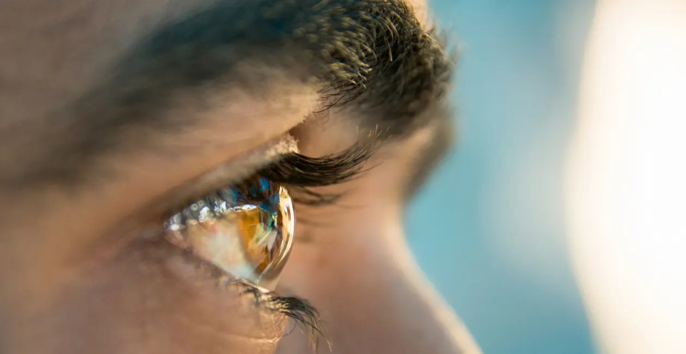A close up of a mans side profile showing his eye, eyebrow and top of his nose 