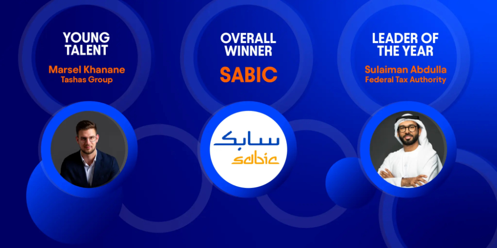 A blue background with cirles, on the left it says "Young Talent Marsel Kanane Tashas Group" with a headshot in a circle below that. The middle says "Overall winner SABIC" with a picture of the sabic logo underneath. On the right says "Leader of the year Sulaiman Abdulla Federal Tax Authority" with a headshot of him below. 