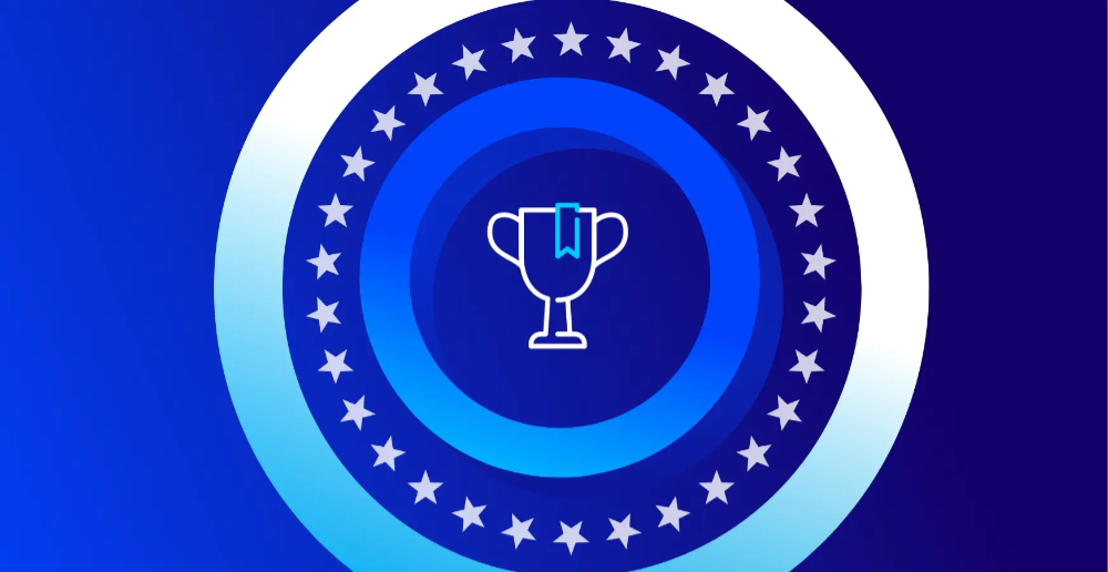 Blue background with different shades of blue and white with circles inside of each other, stars in one circle and an icon of a champions cup in the middle.