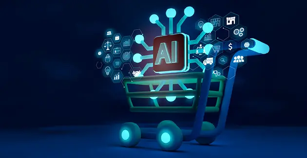A 3d computer generated image of a shopping trolley with AI inside