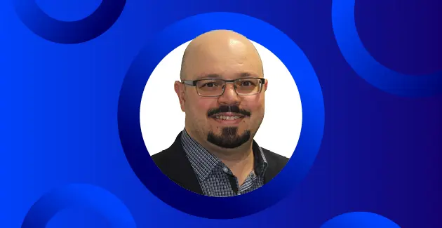 Headshot of Ramzi Ibrahim inside a circular frame on a blue background with abstract circular patterns.