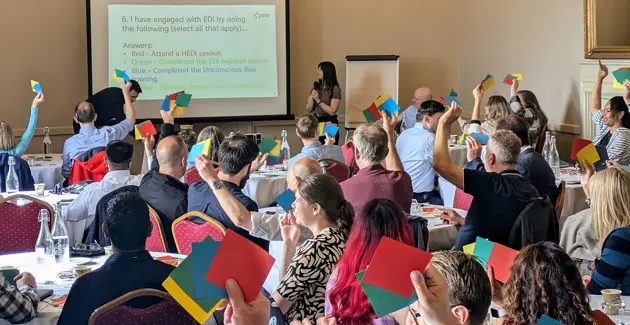 Group of participants at a workshop raising colored cards in response to a presenter’s question displayed on a screen.