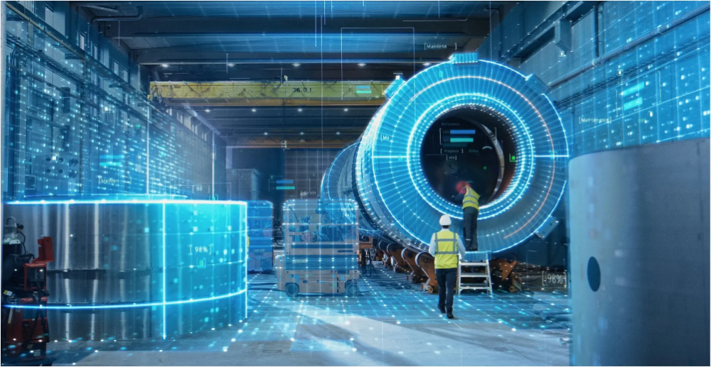 Futuristic warehouse ith workers in hi vis and helmets