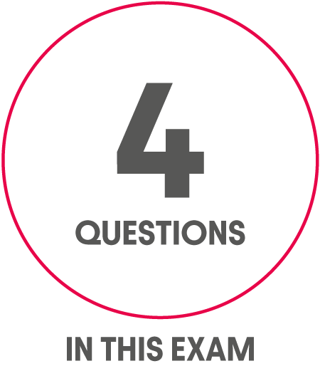 Icon showing the number 4 and the word QUESTIONS, with IN THIS EXAM written below the circle.