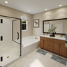 primary bath with neutral floors and white countertops