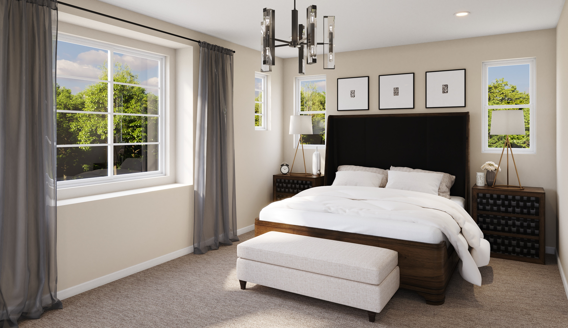 primary bedroom with neutral floors and large windows