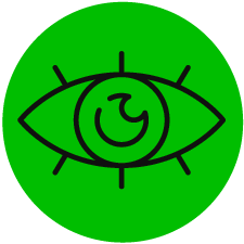 Icon that looks like a wide eye close up, icon is placed in lime coloured circle with the icon outlined in white