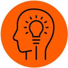 Icon that looks like a head with a lightbulb where brain would go, placed in bright orange circle with the icon outlined in white