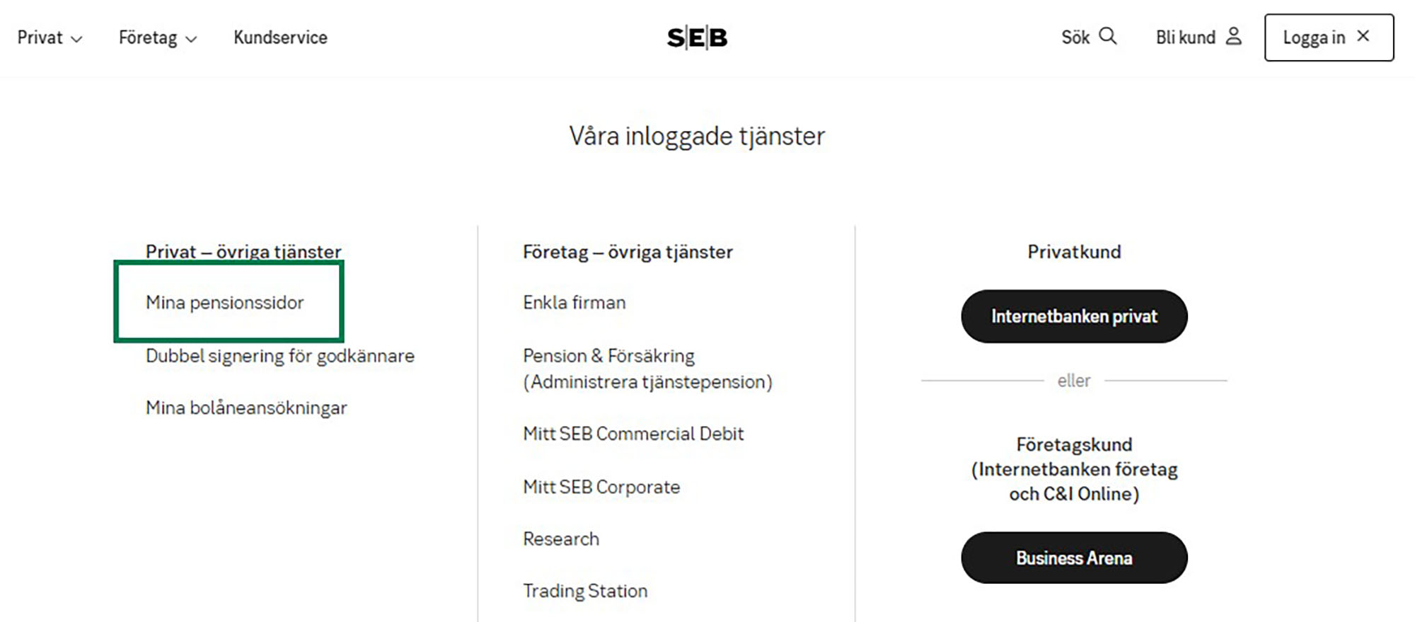 Logga in på Mina pensionssidor genom att klicka på Logga in uppe till höger.