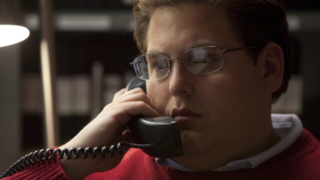 Moneyball image still with Jonah Hill on the phone