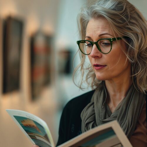 Woman with grey hair reading a brochure in a museum