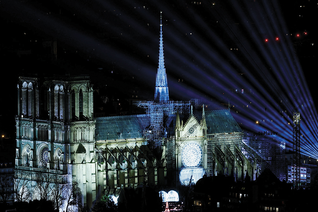Notre-Dame Cathedral in Paris is arrayed in light during the reopening celebration Dec. 7, 2024.