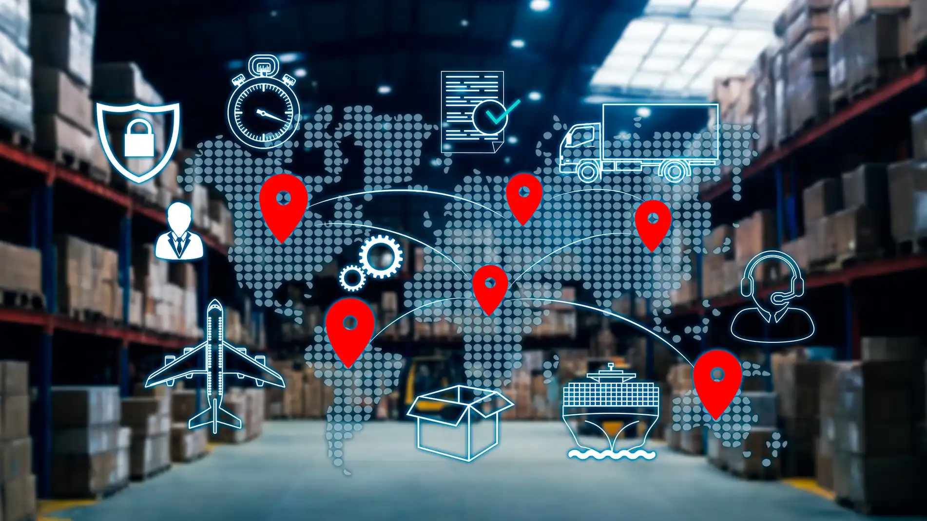 Abstract image of a warehouse with location icons.