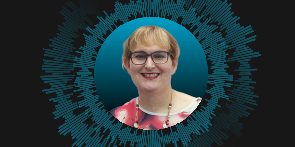 Headshot of Dr Elouise Epstein in a blue circle. The headshot sits at the centre of a graphic with blue audio bars coming out in a circular style around the headshot to depict sound.