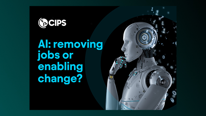 CIPS graphic featuring a white humanoid robot in a thinking pose with the text AI: removing jobs or enabling change?