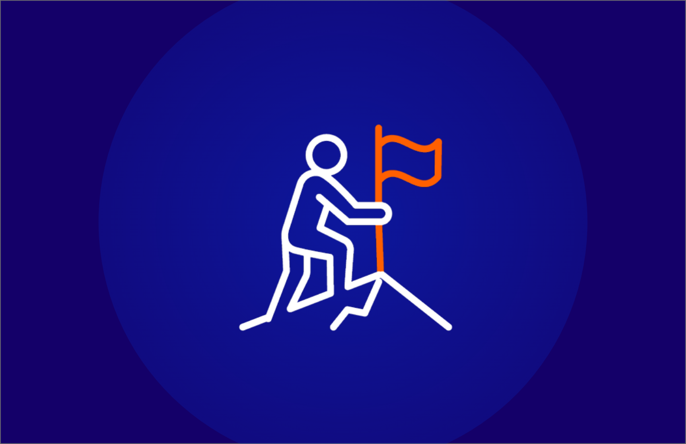 Blue icon with stick figure planting a flag on stick mountain top
