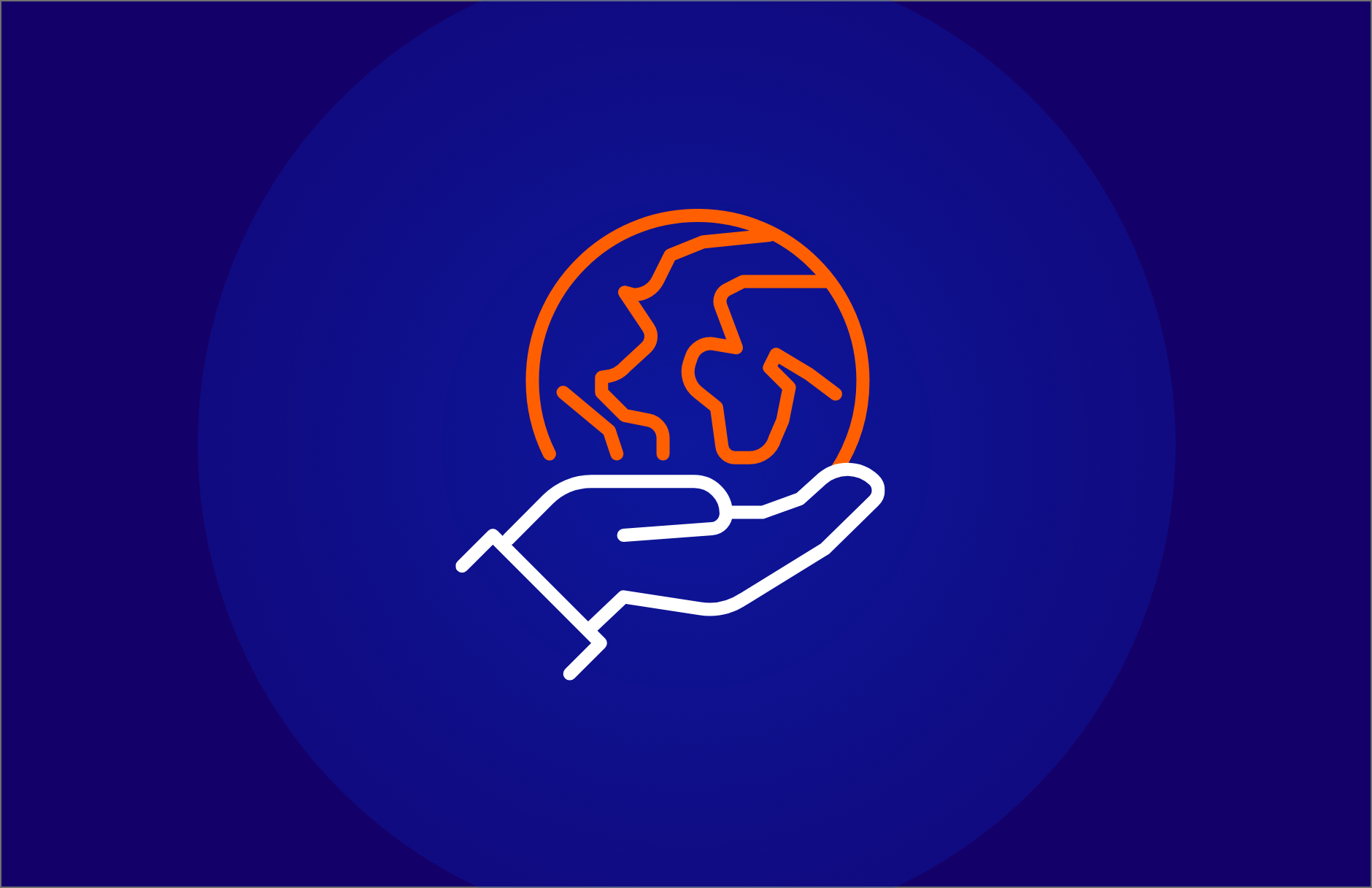 Line art icon: A stylized, white outline of an open hand is shown holding an orange outline of the Earth, symbolizing the human responsibility to protect the planet. The icon is centered on a dark blue background