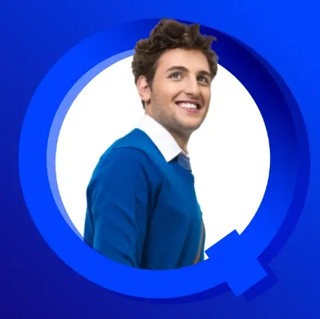 A smiling young man wearing a blue sweater over a white collared shirt, pictured in a circular frame that looks like a blue 'Q' on a gradient blue background