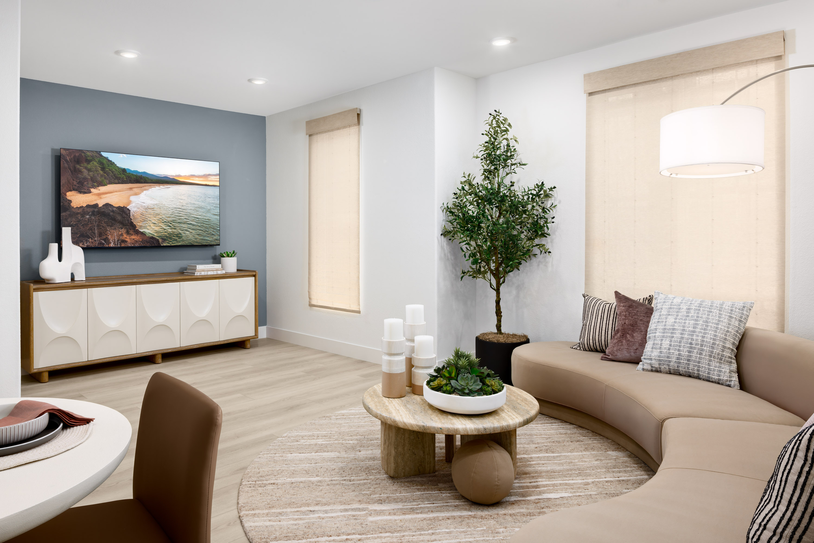 great room with tan crescent shaped sofa, round wood coffee table with potted succulents, and slate blue wall behind television