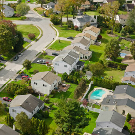 Aerial view of suburban neighborhood