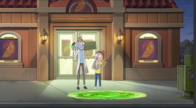 Rick and Morty standing by a green portal.jpg