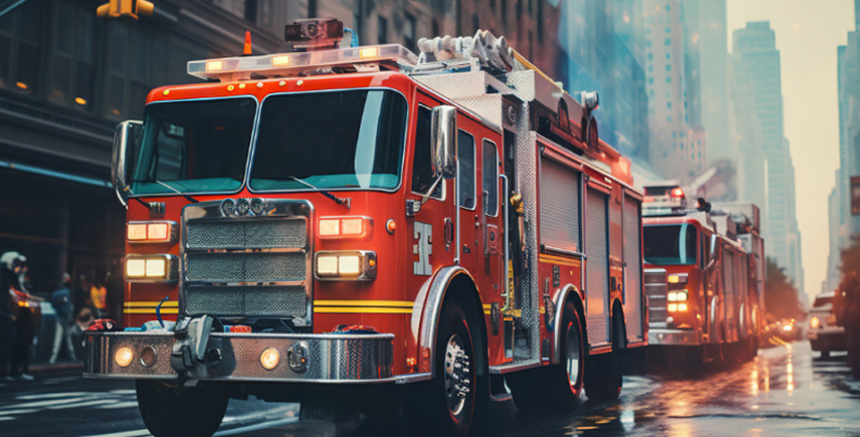 Fire trucks with onboard Fathom e-power system in a rainy city street