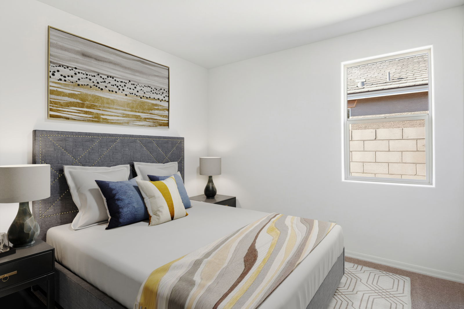 bedroom with a large bed, large white rug, and black wooden nightstands