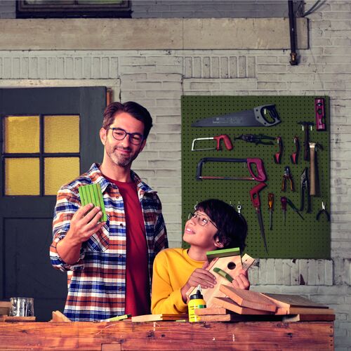 Man and son DIY-ing while both wearing HOYA Sensity 2 lenses