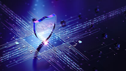 Digital artwork of a shield hovering over a computer board