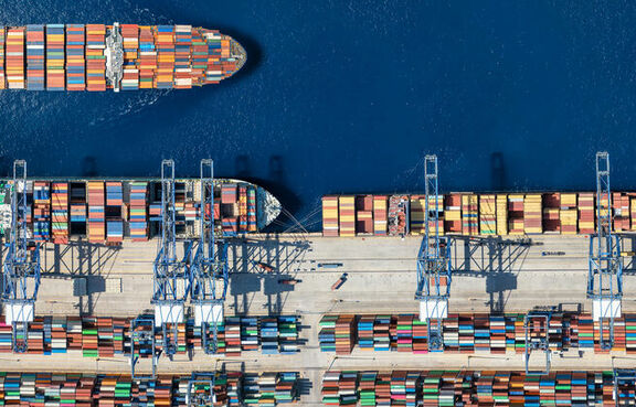Aerial view of shipping containers on cargo ships