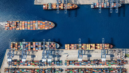 Aerial view of shipping containers on cargo ships