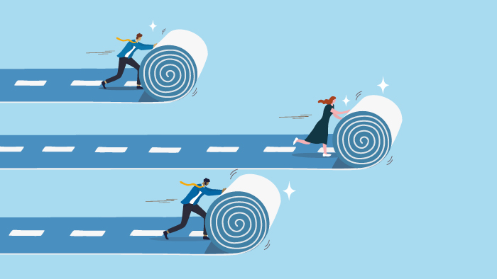 Graphic of three people rolling out three roads depicting progress and opening up of opportunities.  Side on view with each person and their road stacked, going from left to right. The image has a light blue background. 