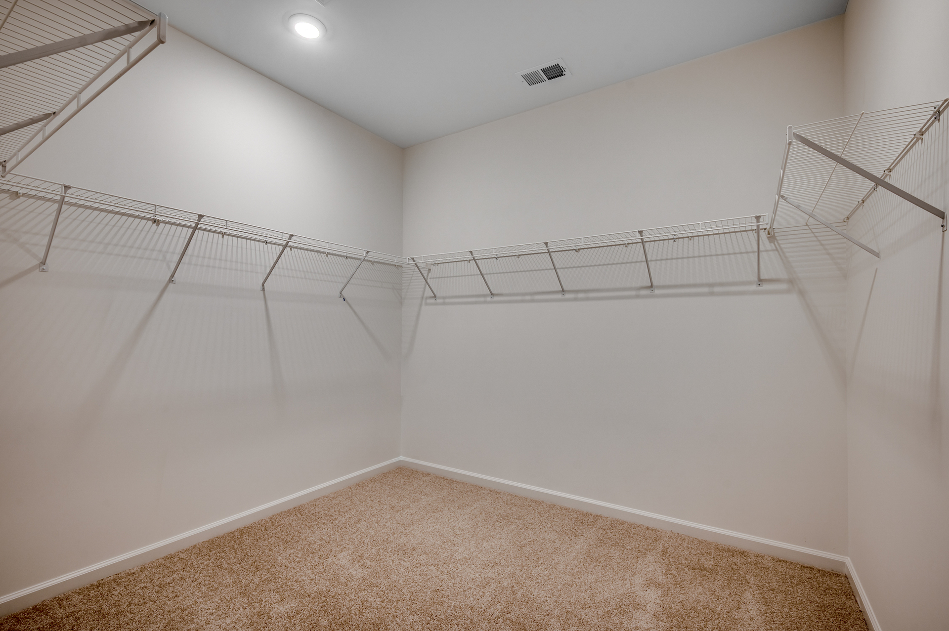 walk-in closet with tan walls, carpeting and white wire shelving for storage