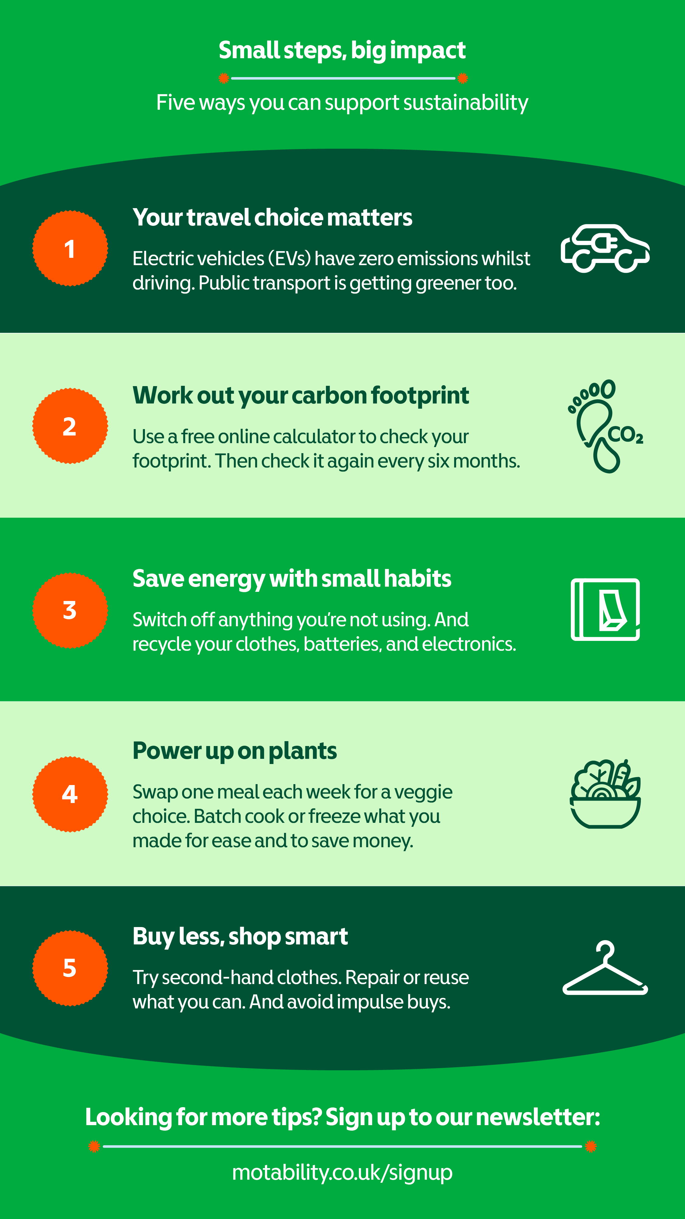 An infographic titled “Small steps, big impact: Five ways you can support sustainability.”