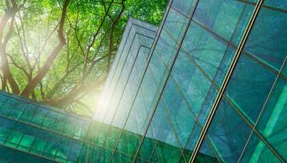 Upwards view of a glass building in front of a large tree
