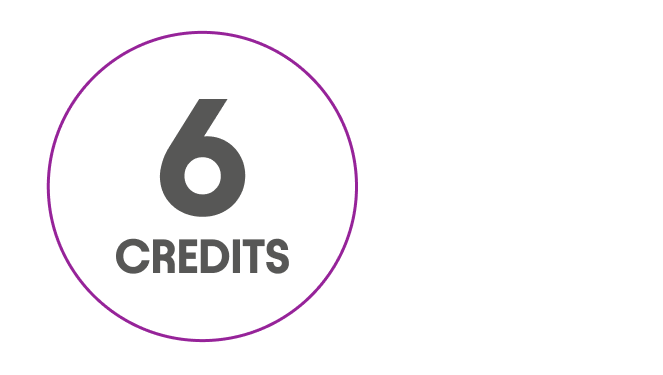 Number 6 with word CREDITS below, inside purple circle outline