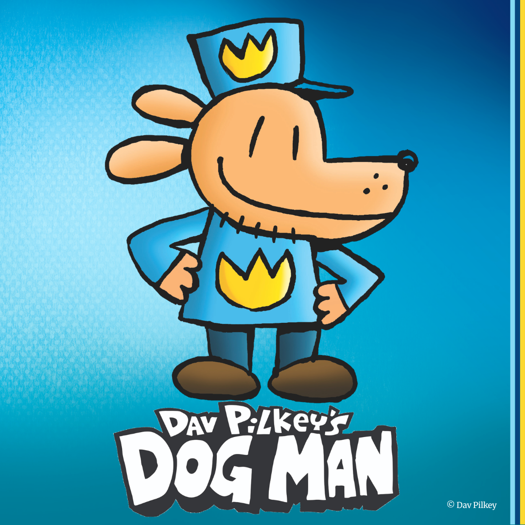 Illustrated cartoon of Dog Man, a tan dog-headed police officer wearing a blue uniform and cap with gold crown emblems, standing with hands on hips against a light blue background.