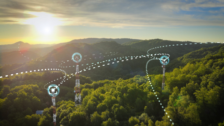 Telecommunication towers connected by 3D graphic lines
