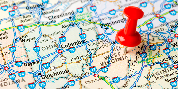 Map with pin in West Virginia