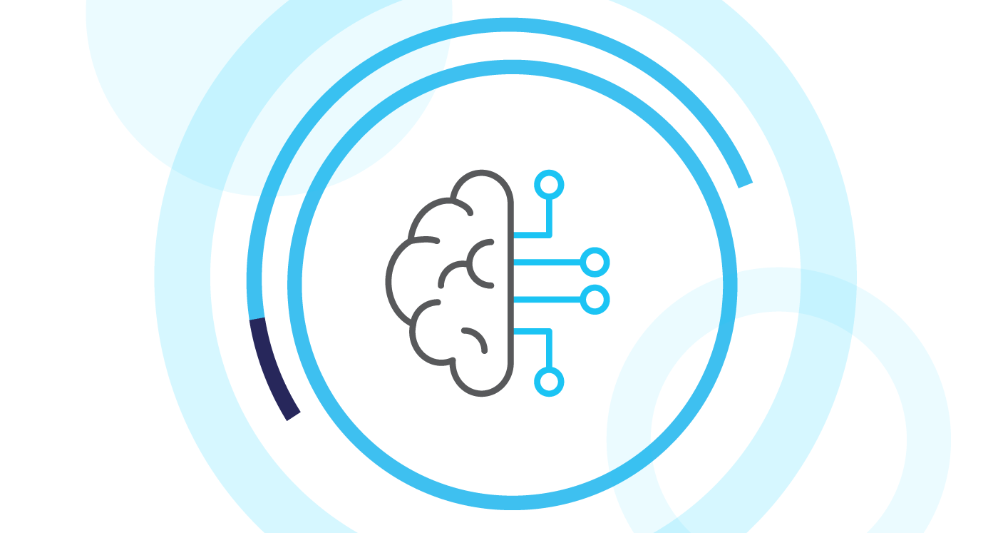 Icon of a brain with connected cables, symbolizing AI. Icon is surrounded by cyan colour circles