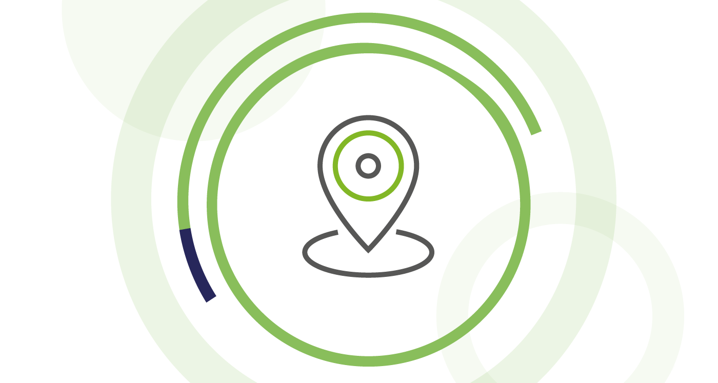 Icon of a pin on a map, symbolizing location. Icon is surrounded by lime circles