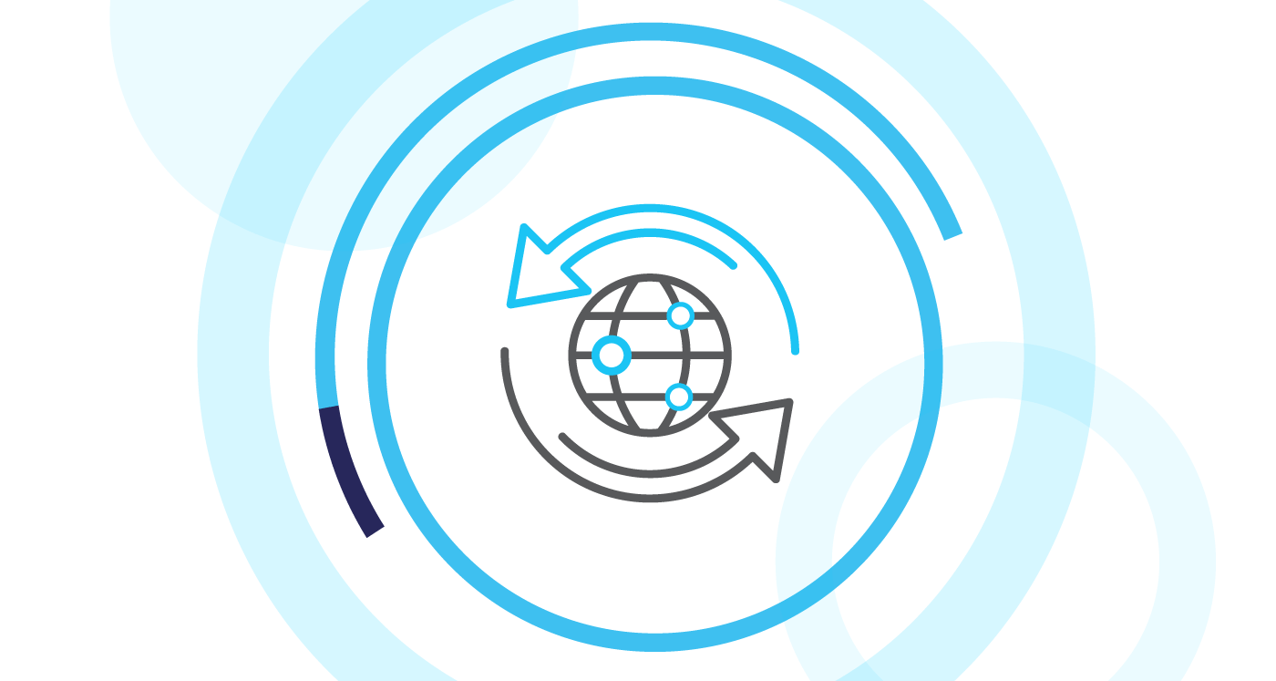 Icon of a globe with recycling arrows around it, symbolizing sustainability and environmentalism. Icon is surrounded by cyan circles