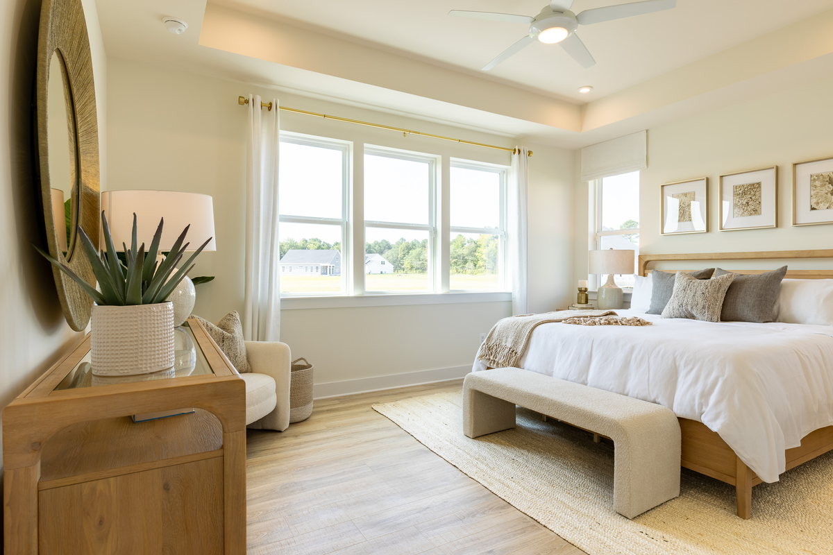 primary suite with a box ceiling